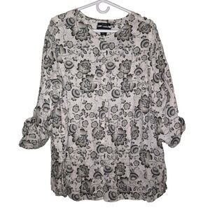 Tahari Women's 1X Ivory Black Linen Floral Roll Tab Sleeve Tunic Top Blouse